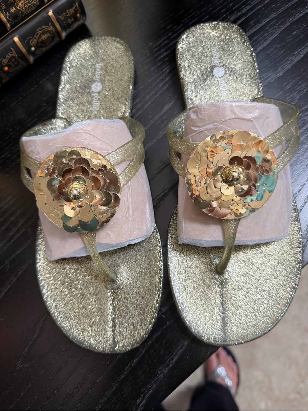 Gold Sequin Flower Thong Sandals